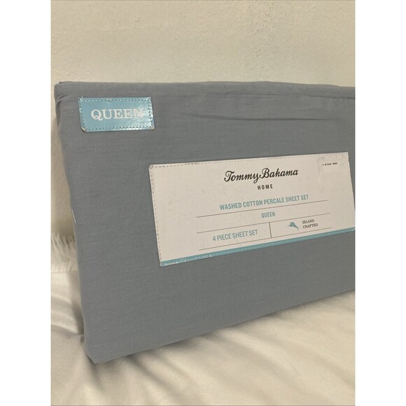 Tommy Bahama Home Washed Cotton Percale Queen Sheet Set 4 Pieces Blue Sky New - Picture 6 of 11